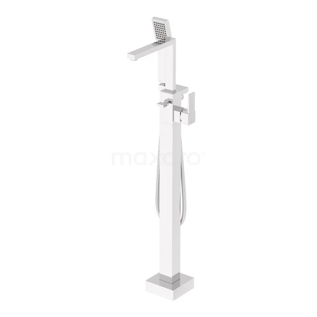 Freestanding white bath tap with hand shower, modern design and straight lines, perfect for any stylish bathroom.