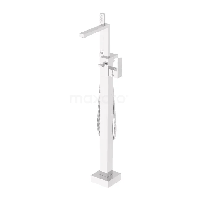 Freestanding white bath tap with modern, minimalist design and hand shower; perfect for a stylish bathroom.