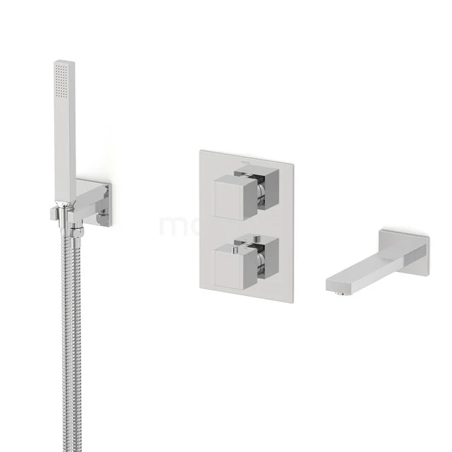 Chromiertes Einbau-Duschset mit Thermostatarmatur, Handbrause und Wasserhahn, modernes quadratisches Design für ein elegantes Badezimmer.
