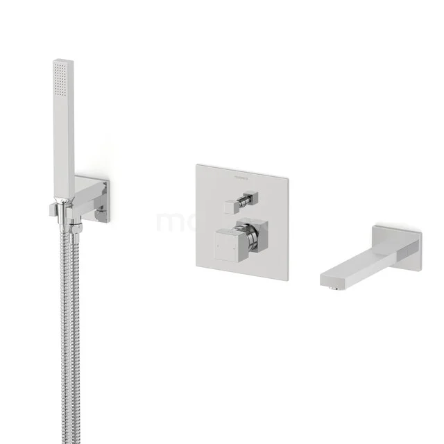 Chromfarbige Einbau-Regenduschen-Set mit quadratischer Handbrause, Wandarmatur und Abdeckplatte, perfekt für ein modernes Badezimmer.