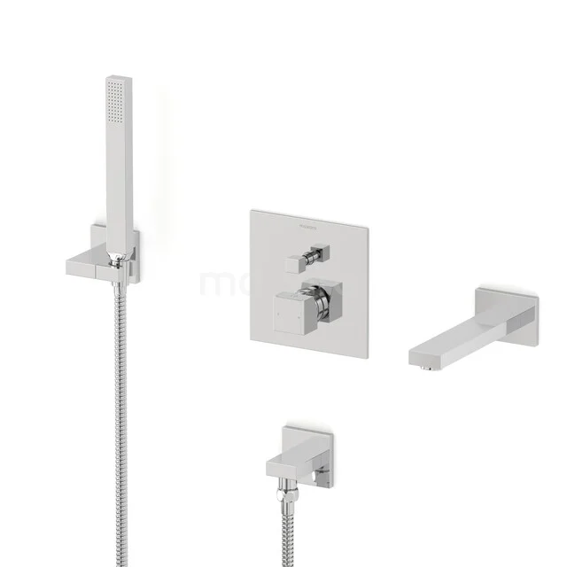 Cubic Built-in bath tap set | Chrome Single lever mixer tap with hand shower 1 setting CIC23-00014 Four-part built-in shower set with square shapes in chrome, including hand shower and bath tap for modern bathrooms.