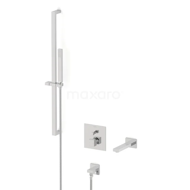 Built-in shower set with square chrome finish, consisting of hand shower, wall arm and thermostat tap for the bathroom.