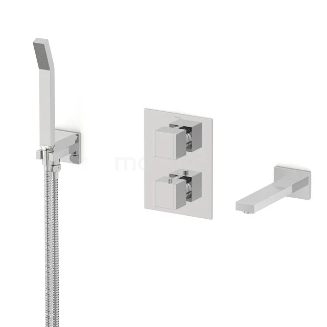 Chromfarbige Einbau-Badewannenarmatur mit klaren Ecken, einschließlich Handbrause und Edelstahl-Bedienfeld für das Badezimmer.