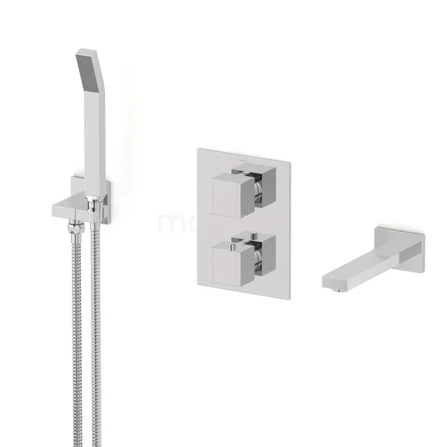 Cubic Einbau Badewannenarmaturset | Chrom Thermostatarmatur mit Handbrause 1 Stellung CIC23-00025 Chrom Einbau Duscharmaturset mit quadratischen Knöpfen und Handbrause, modernes Design für einen klaren Badezimmerstil.
