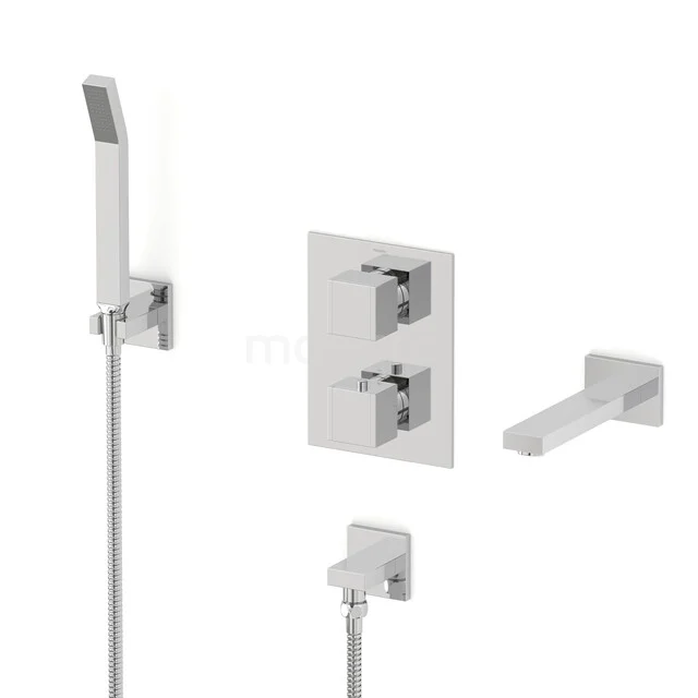 Cubic Einbau Badewannenarmaturset | Chrom Thermostatarmatur mit Handbrause 1 Stellung CIC23-00029 Chromfarbene Einbau-Duscharmatur mit quadratischen Formen, einschließlich Handbrause, Mischbatterie und Wandplatten für ein modernes Badezimmer.