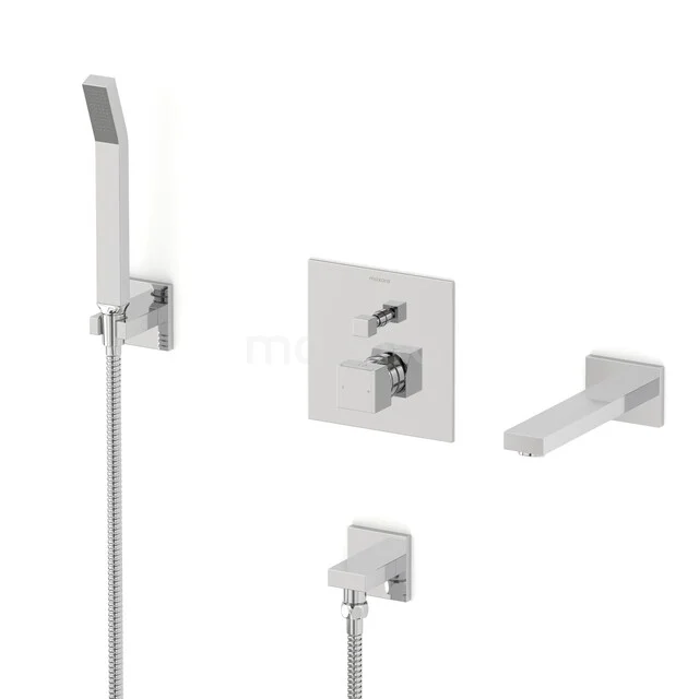 Four-piece chrome built-in shower faucet set, modern design with square shapes, ideal for a sleek bathroom style.