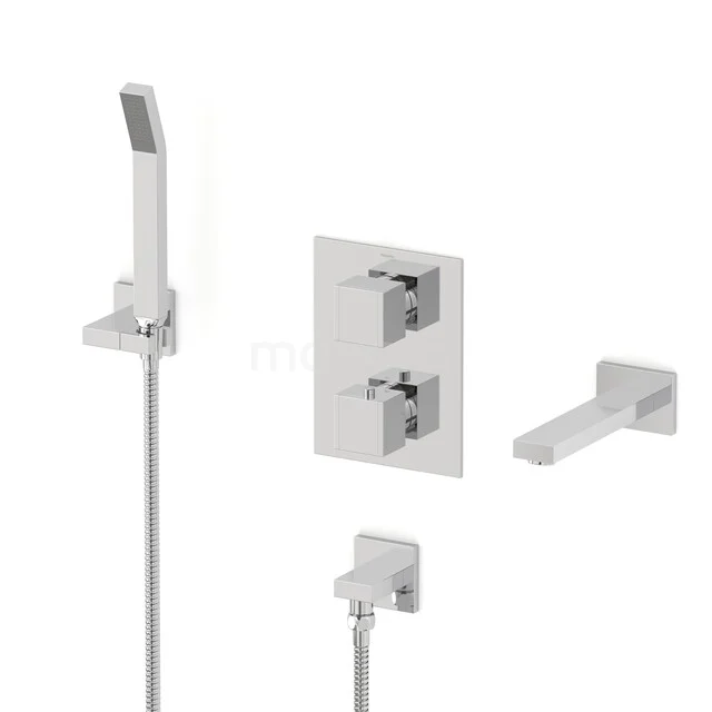 Verchromte Einbauduschset mit quadratischer Handbrause, metallischen Bedienelementen und modernem Aussehen für das Badezimmer.