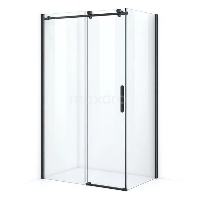 Black glass shower enclosure with sliding door, modern design, angular model, perfect for stylish bathroom design.