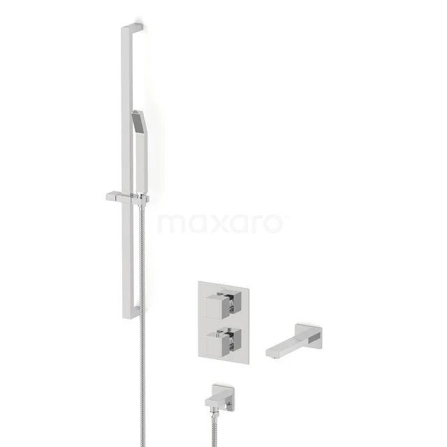 Chrome shiny built-in shower tap set with square shapes and shower handset, ideal for a modern bathroom style.
