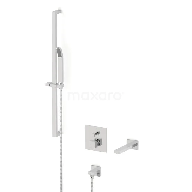 Cubic Built-in bath tap set | Chrome Single lever mixer tap with hand shower 1 setting CIC23-00038 White wall-mounted shower system with hand shower, built-in tap and sleek lines, ideal for a modern bathroom.