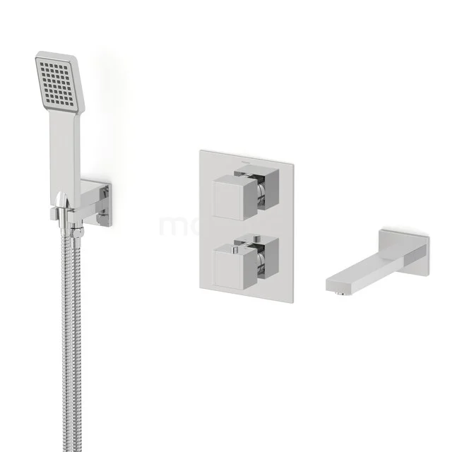 Built-in chrome square design bath tap set with hand shower and flat spout, perfect for a modern bathroom.