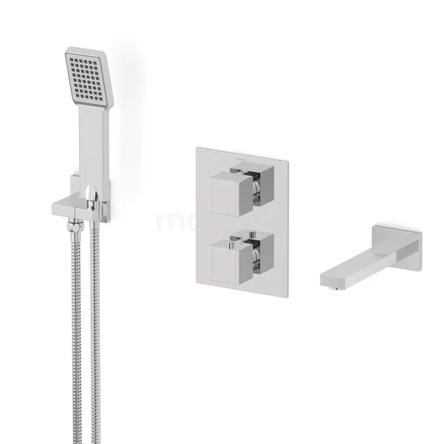 Chromfarbige Einbauduschset mit Handbrause, Thermostatarmatur und Badauslauf, modernes Design für das Badezimmer.