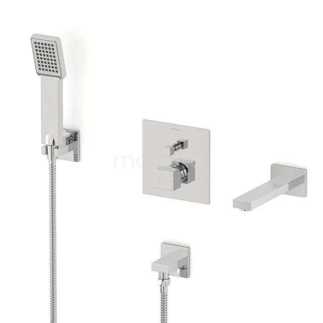 Modern square chrome shower tap set with hand shower and thermostat, perfect for a stylish bathroom.
