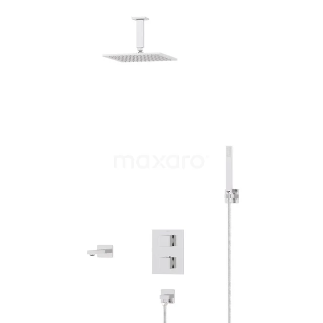 Cubic Built-in Bath Tap with Rain Shower | Chrome Thermostatic DIC23-00055 Chic glass rain shower set with square shower head and chrome details, perfect for a modern bathroom.