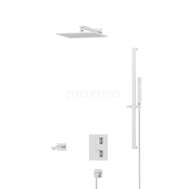 Cubic Built-in Bath Tap with Rain Shower | Chrome Thermostatic DIC23-00070 White built-in rain shower set with thermostatic valve, hand shower and square shower head, ideal for modern bathrooms.