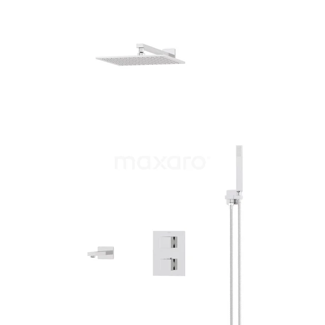 White rain shower set with square shower head, hand shower and built-in tap, ideal for a modern bathroom style.