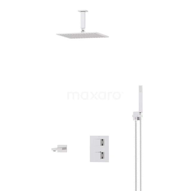 Cubic Built-in Bath Tap with Rain Shower | Chrome Thermostatic DIC23-00016 Four-piece chrome rain shower set with square shower head, hand shower and built-in thermostat, ideal for the modern bathroom.