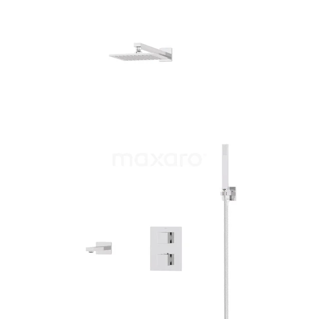 Cubic Built-in Bath Tap with Rain Shower | Chrome Thermostatic DIC23-00022 Built-in shower system with chrome finish, including rain shower, hand shower and thermostatic tap for the bathroom.