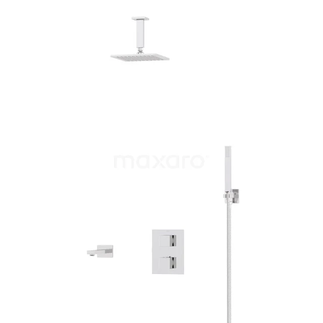 Square rain shower set in chrome with thermostatic valve, hand shower and ceiling mount. Perfect for a modern bathroom.