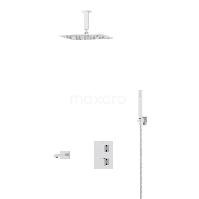 Sleek chrome rain shower set with square shower head and thermostat, perfect for a modern bathroom.