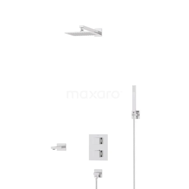 Cubic Built-in Bath Tap with Rain Shower | Chrome Thermostatic DIC23-00043 Chrome-coloured built-in rain shower set with thermostat tap and hand shower, modern design, ideal for a stylish bathroom.