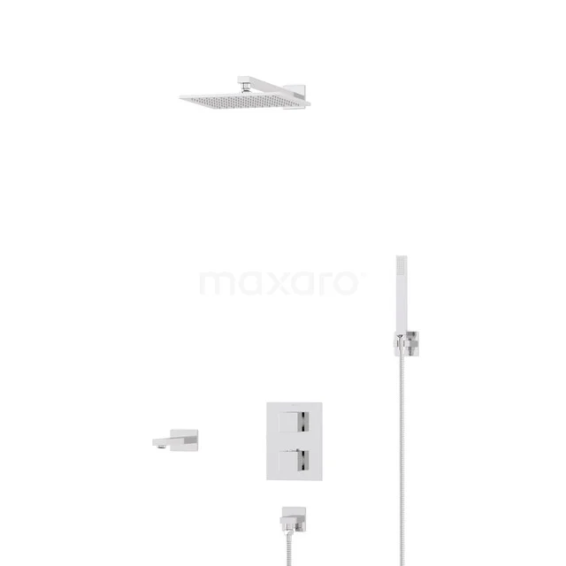 Chrome-coloured built-in rain shower set with hand shower, thermostatic valve and sleek design for a modern bathroom.