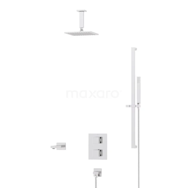 Kubische Einbau Badewannenarmatur mit Regendusche | Chrom Thermostatisch DIC23-00073 Weißes rechteckiges Regenduschesystem mit Thermostatset, Handbrause und minimalistischem Design, ideal für ein modernes Badezimmer.