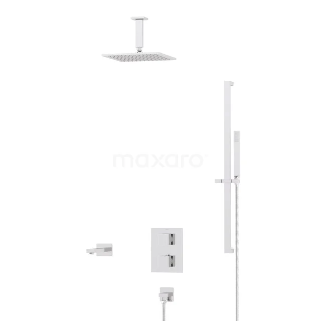 Kubische Einbau Badewannenarmatur mit Regendusche | Chrom Thermostatisch DIC23-00076 Weißes Duschesystem mit quadratischer Regendusche, Handbrause und Thermostatarmatur, geeignet für ein modernes Badezimmer.