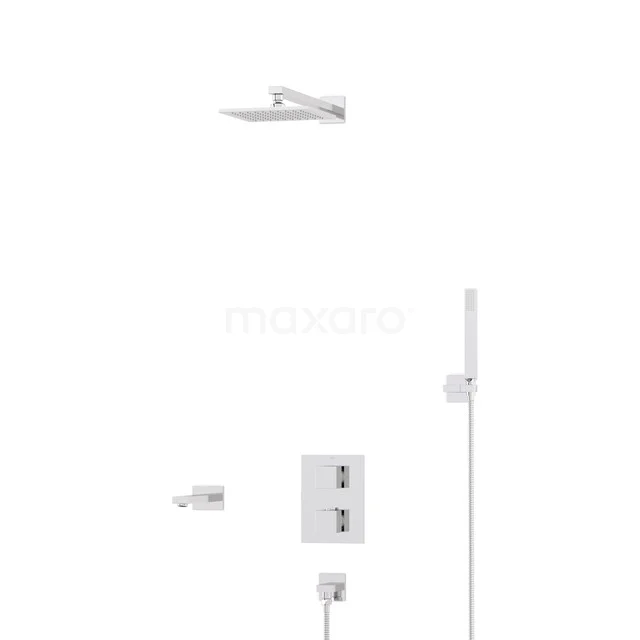 Modernes Chrom-Thermostat-Duschsystem mit Regenduschekopf, Handbrause und Wandbefestigung für das Badezimmer.