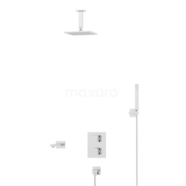 Cubic Built-in Bath Tap with Rain Shower | Chrome Thermostatic DIC23-00094 Four-piece shower set with square rain shower, hand shower and thermostatic valve in chrome for a modern bathroom.
