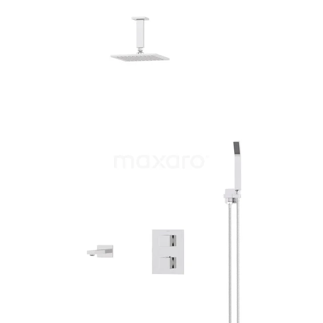 Weißes Einbauduschsystem mit quadratischer Regendusche, Handbrause und Bedienfeld. Modernes Design für ein luxuriöses Badezimmer.