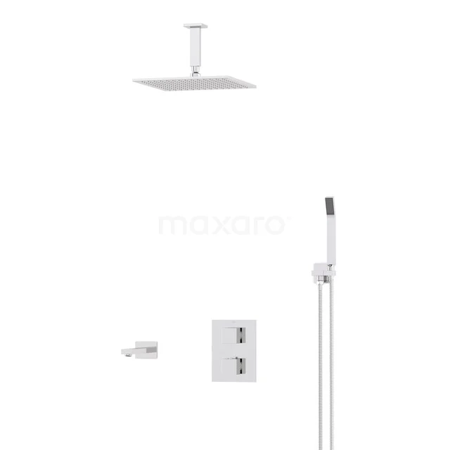 Cubic Built-in Bath Tap with Rain Shower | Chrome Thermostatic DIC23-00121 Square stainless steel rain shower system with hand shower, built-in tap and chrome finish for a modern bathroom style.