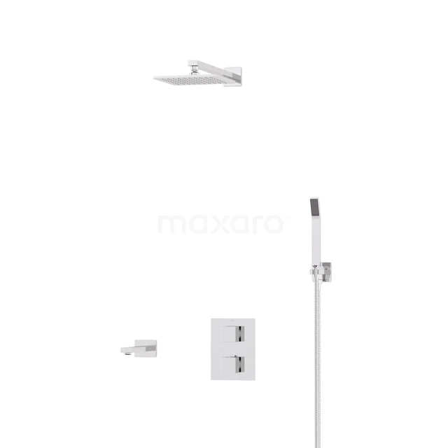 Cubic Built-in Bath Tap with Rain Shower | Chrome Thermostatic DIC23-00127 Sleek design rain shower set with chrome finish, including hand shower and thermostatic tap, perfect for any bathroom.