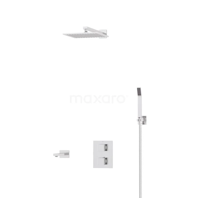 Built-in rain shower set with chrome finish, rectangular shower head and built-in tap, ideal for a modern bathroom.