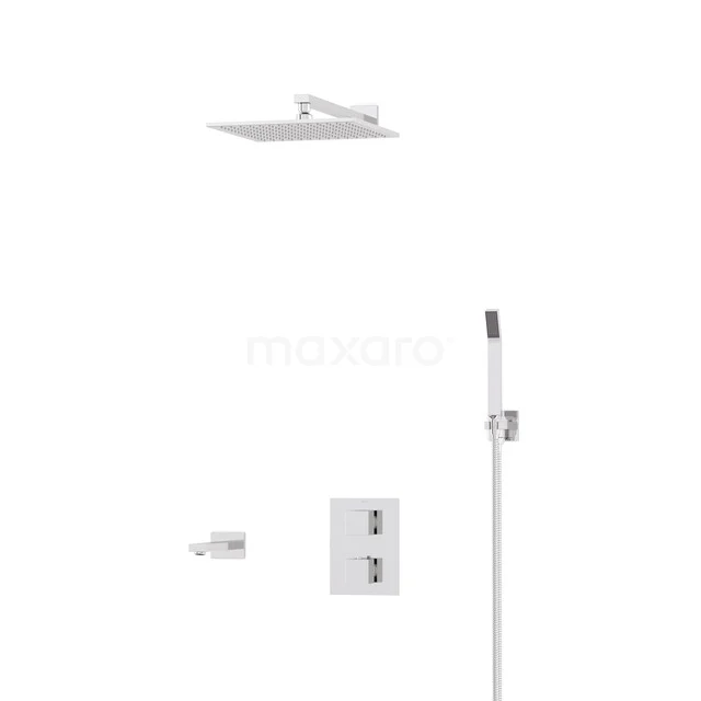 Built-in bathroom set with square rain shower, chrome finish, handheld shower and integrated thermostat tap.