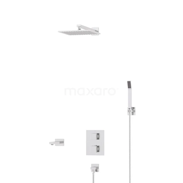 White thermostatic built-in shower system with square rain shower, hand shower, and control panel for luxury bathroom use.