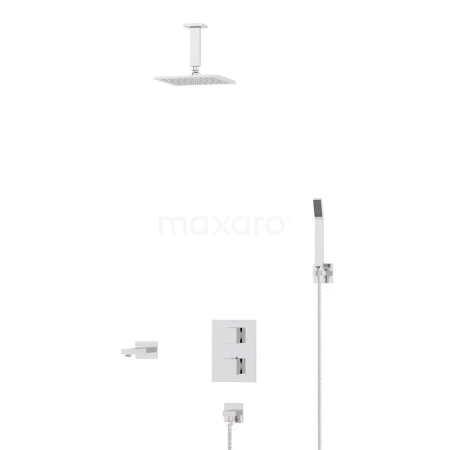 Cubic Built-in Bath Tap with Rain Shower | Chrome Thermostatic DIC23-00157 Built-in rain shower set made of chrome with a square shower head and hand shower, ideal for a modern bathroom style.