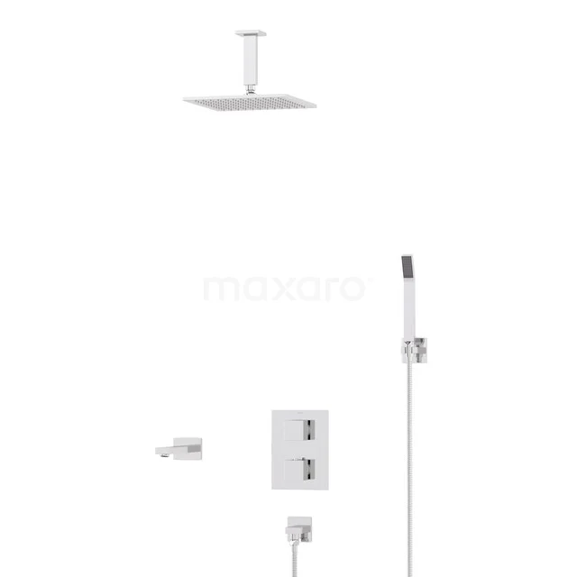 Kubische Einbau Badewannenarmatur mit Regendusche | Chrom Thermostatisch DIC23-00160 Weiße quadratische Regenduschen mit wandmontierter Handbrause und Thermostatarmatur, ideal für ein modernes Badezimmer.