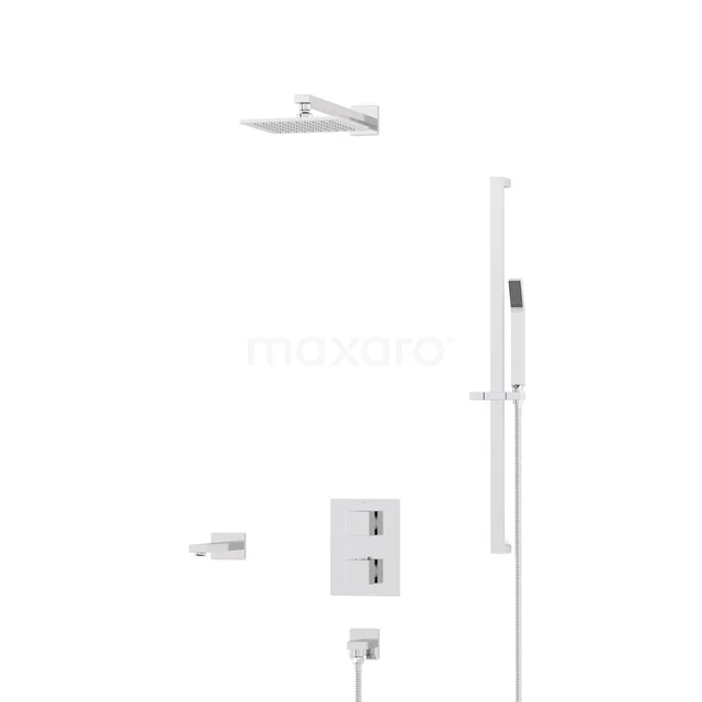 Built-in rain shower set with wall arm, hand shower, thermostat, and chrome finish for a modern bathroom experience.