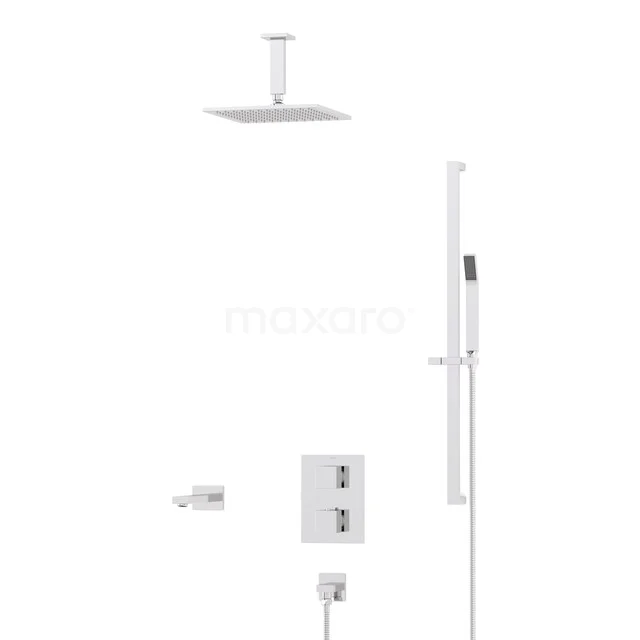 Chrome shower system with square rain shower, hand shower and thermostatic valve, ideal for a modern bathroom.