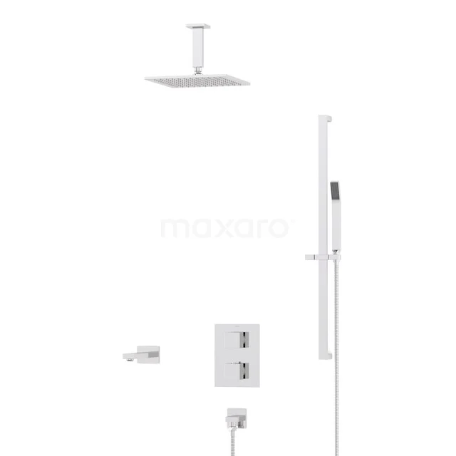 Cubic Built-in Bath Tap with Rain Shower | Chrome Thermostatic DIC23-00202 White rain shower set with square overhead shower, hand shower and thermostatic valve, ideal for a modern bathroom.