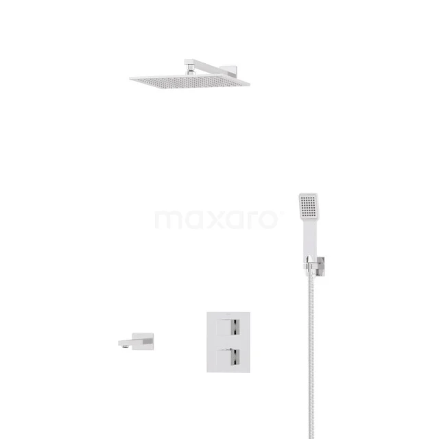 White built-in shower set with square rain shower, hand shower, and thermostatic valve, suitable for modern bathrooms.