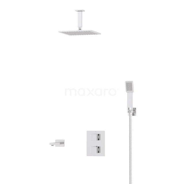 Kubische Einbau Badewannenarmatur mit Regendusche | Chrom Thermostatisch DIC23-00244 Weißes mattes Duschesystem mit quadratischer Regendusche, Handbrause und Thermostatarmatur, ideal für ein modernes Badezimmer.