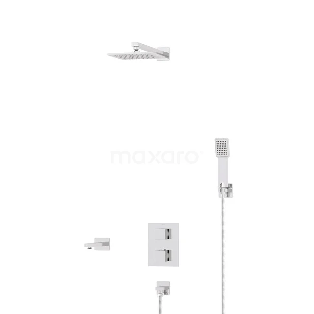 Chrome-coloured built-in rain shower set with square shower head, hand shower, and thermostat for a modern bathroom.