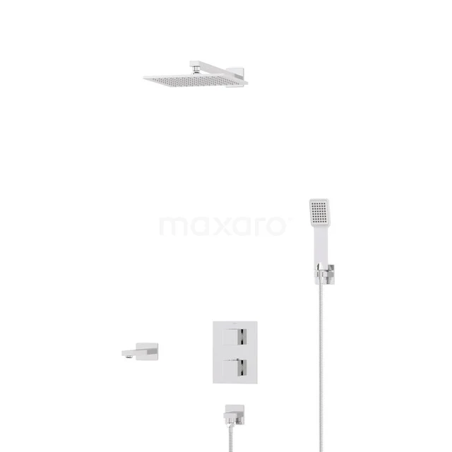 White thermostatic shower system with minimalist rain shower, hand shower, and integrated controls for luxury bathroom use.