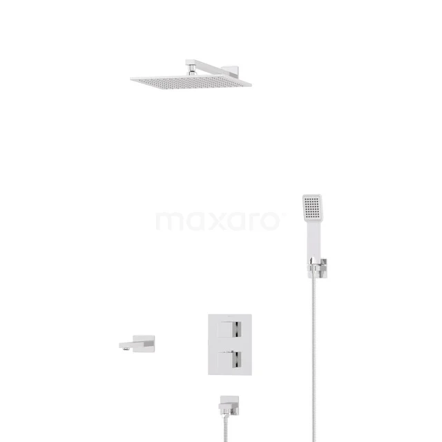 Cubic Built-in Bath Tap with Rain Shower | Chrome Thermostatic DIC23-00259 White built-in rain shower set with square shower head and hand shower, ideal for a modern and sleek bathroom style.