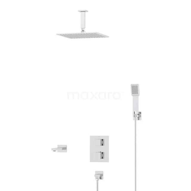 Kubische Einbau Badewannenarmatur mit Regendusche | Chrom Thermostatisch DIC23-00268 Weiße quadratische Regenduschen mit eingebautem Thermostat, Handbrause und Wandhalterung, ideal für ein modernes Badezimmer.