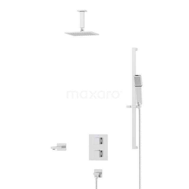 White metal built-in shower set with square rain shower and hand shower, sleek design, ideal for a modern bathroom.