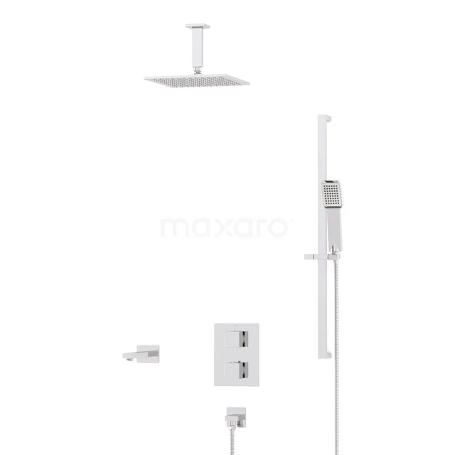 Kubische Einbau Badewannenarmatur mit Regendusche | Chrom Thermostatisch DIC23-00286 Weißes thermostatisches Duschesystem mit quadratischer Regendusche, Handbrause und eingebauter Mischbatterie, geeignet für das moderne Badezimmer.