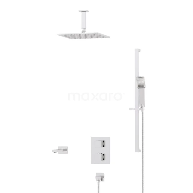 Weißes eingebautes Regenduschesystem mit quadratischer Regendusche, Handbrause und Thermostatarmatur, ideal für ein modernes Badezimmer.